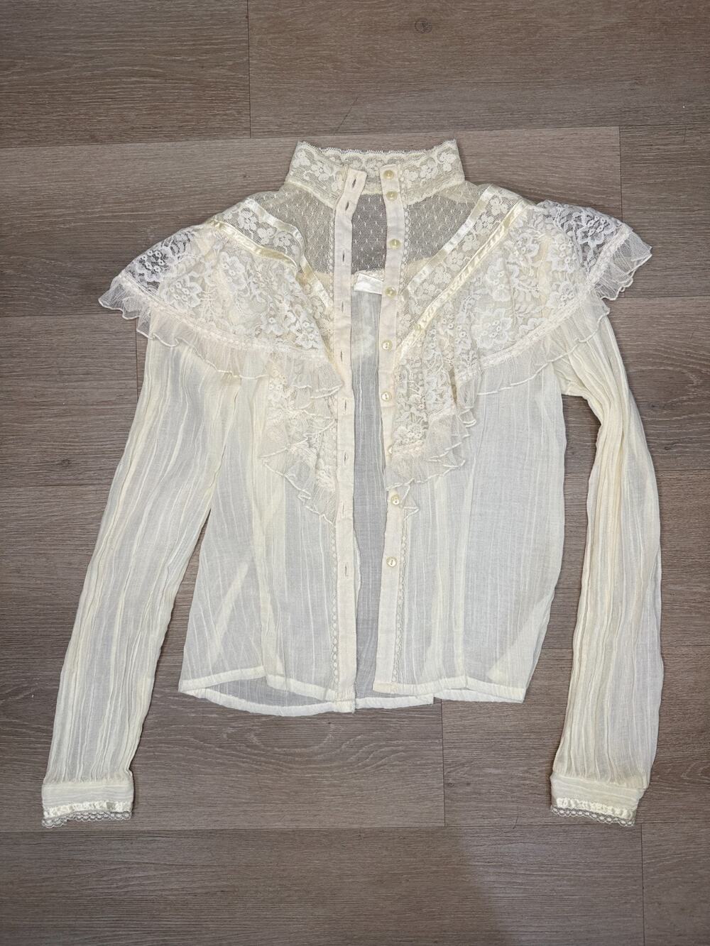 VTG 70s Gunne Sax Style High Neck Victorian Prairie Blouse Lace Ruffle/No Tag